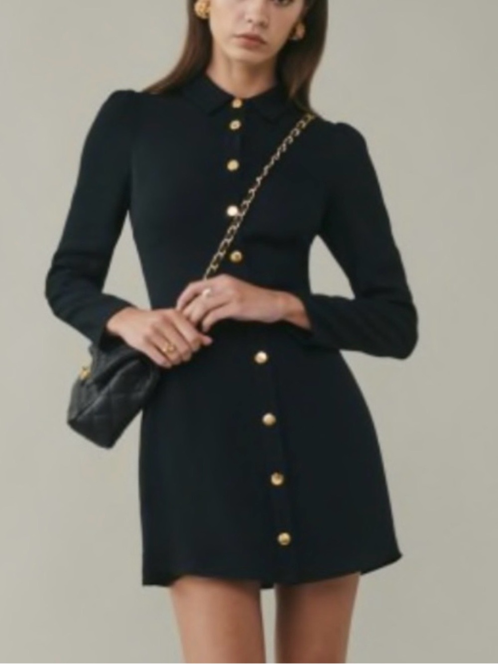 Reformation Hugh Long Sleeve Black Dress with Gold Buttons